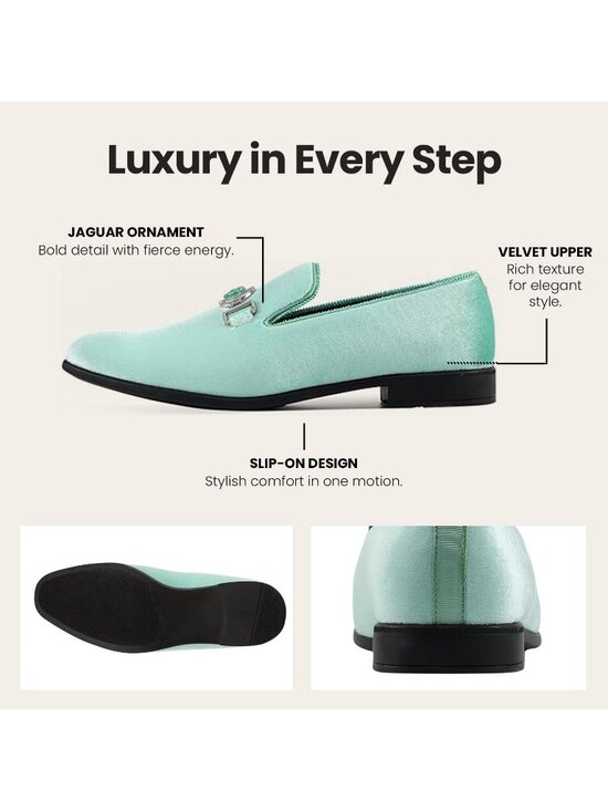Amali Men\'s Mint Green Velvet Loafers Lion Head  Buckle Slip On Tuxedo Shoes main image 5